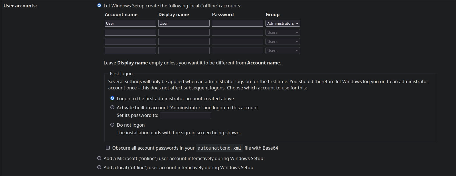 User Accounts on the Generator