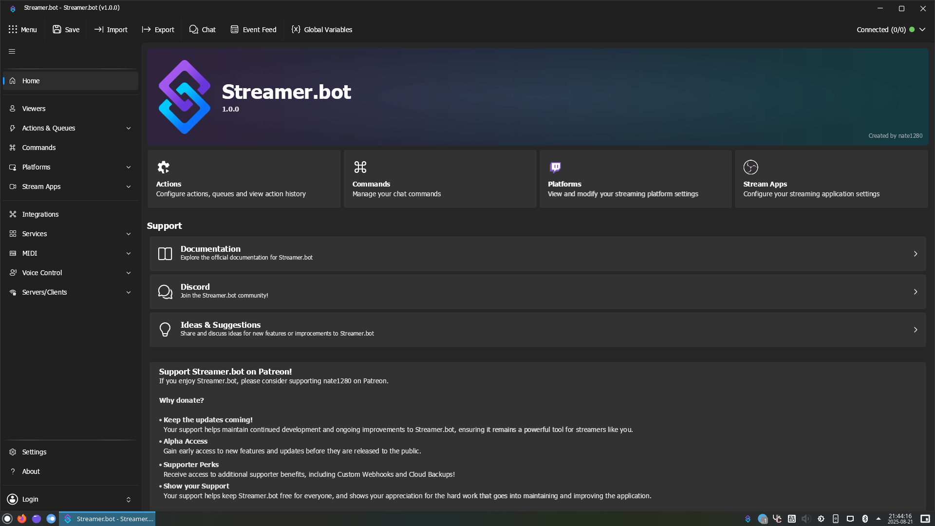 Streamer.bot 1.0.0 Running on Linux